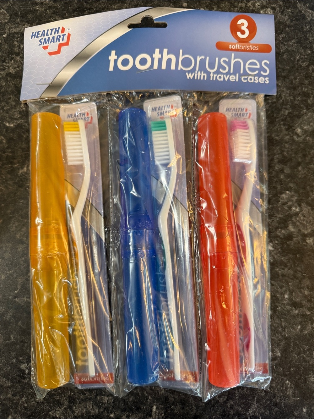 Health Smart Travel Toothbrushes - Yellow, Blue, Red (3 Pack) Soft Bristles